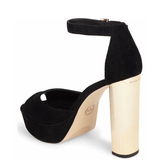 ๐ MICHAEL KORS Paloma Suede Platform Sandals Peep-Toe Black Gold - Picture 4 of 8